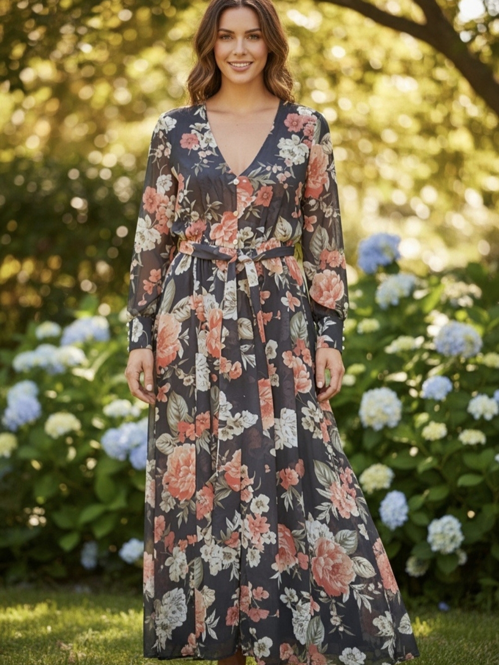 Kate & Lily Fl9ral Maxi Dress Size 8 Boho Long Sleeve V- Neck Belted